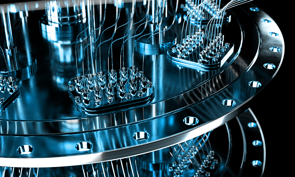 Close view of quantum computer cast in a blue hue