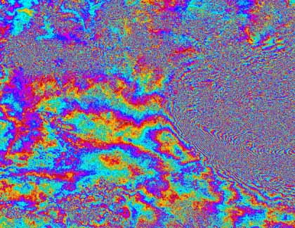 Interferogram over Kathmandu, Nepal, generated from two Sentinel-1A scans on 17 and 29 April 2015 