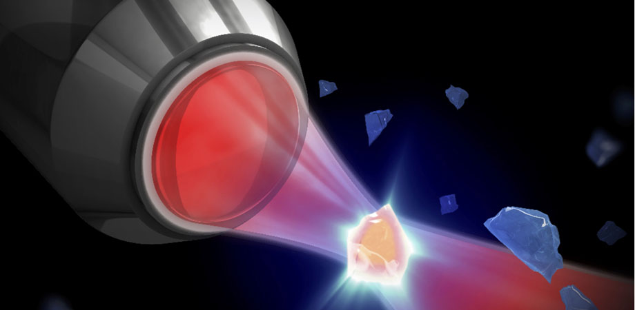 An artist’s conception of cavity optomechanical cooling of a silica nanocrystal, using a non-planar ring oscillator