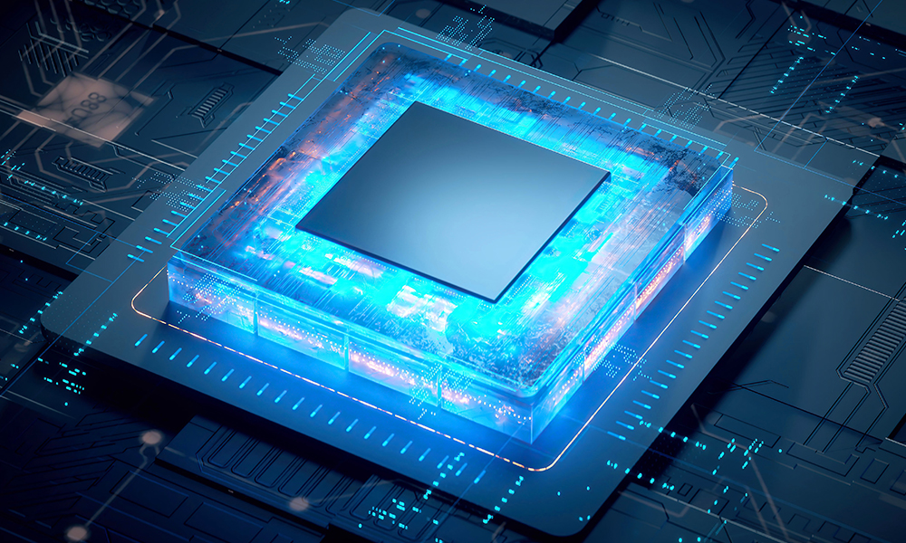 An abstract visual of a computer chip, glowing blue light