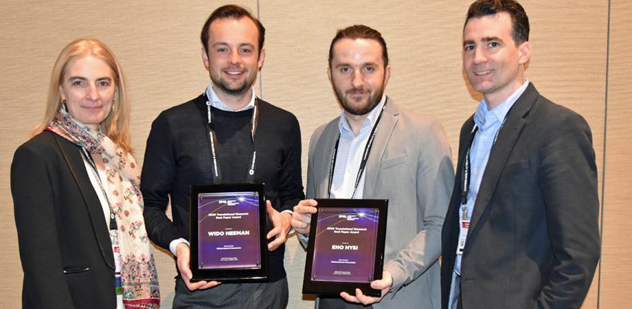 SPIE Translational Research Symposium Chairs Gabriela Apiou, left, and Aaron Aguirre, far right, present the Translational Research Best Paper Awards to Wido Heeman, second from left, and Eno Hysi at 2020's SPIE Photonics West.