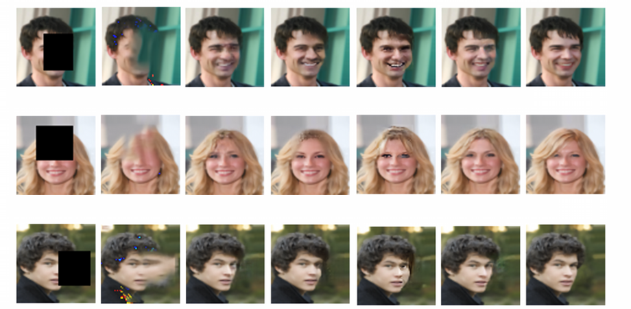 Visual comparison of semantic feature completion results for different image inpainting methods on the CelebA dataset
