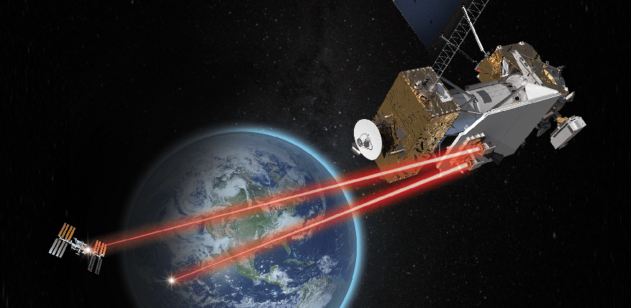 Illustration of NASA’s Laser Communications Relay Demonstration communicating with the ISS