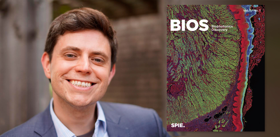 Biophotonics Discovery Editor-in-Chief Darren Roblyer with rendering of new journal cover.
