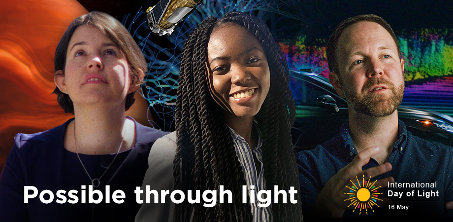 Three optics and photonics scientists in a branded International Day of Light image for 2023.